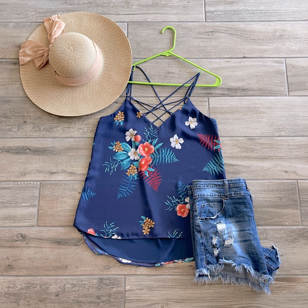 Blue Floral string Tank Top.